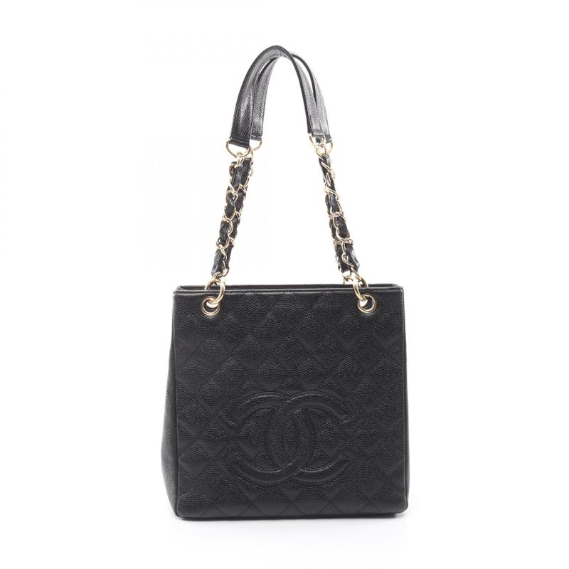 Chanel Tote Quilted Petite Shopping PST Black Leather Calf Chain