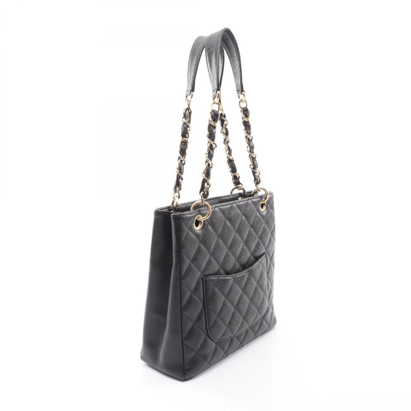 Chanel Tote Quilted Petite Shopping PST Black Leather Calf Chain