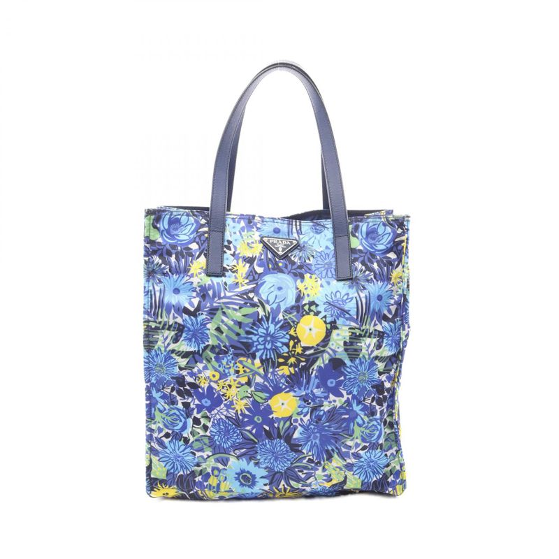 Prada Tote Tessutato Blue Nylon Saffiano Leather Triangle Multicolor