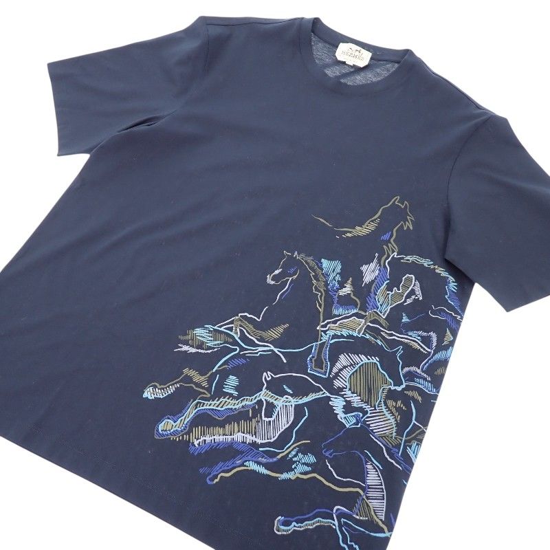 Hermes Cavalcade T-Shirt L Short Sleeve Cotton Navy Top Spring Summer
