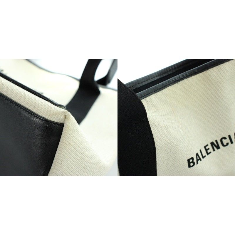 Balenciaga Navy Cabas Handbag Tote Canvas Leather Logo Beige Black