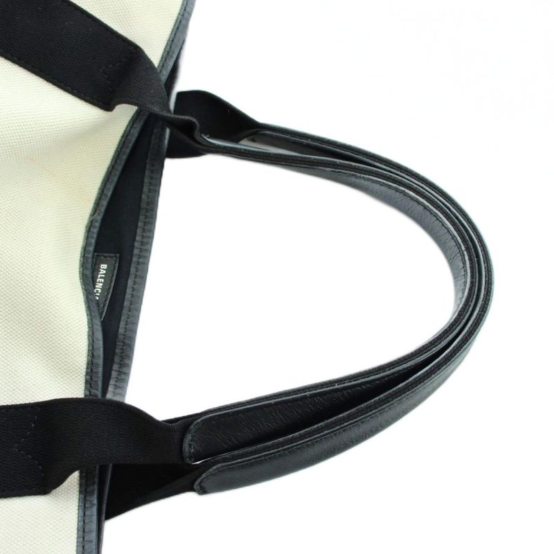 Balenciaga Navy Cabas Handbag Tote Canvas Leather Logo Beige Black