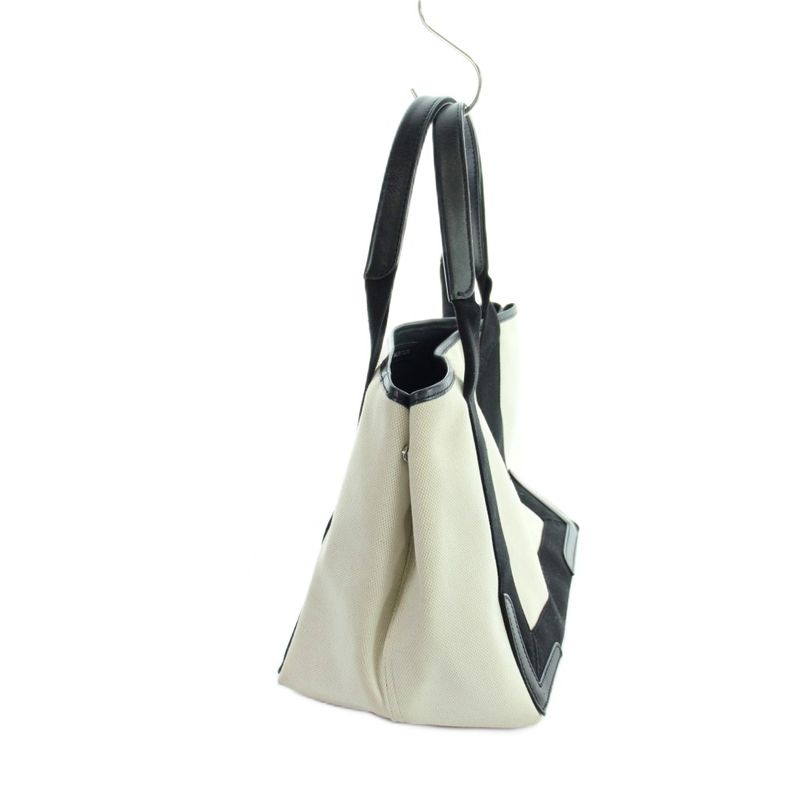 Balenciaga Navy Cabas Handbag Tote Canvas Leather Logo Beige Black