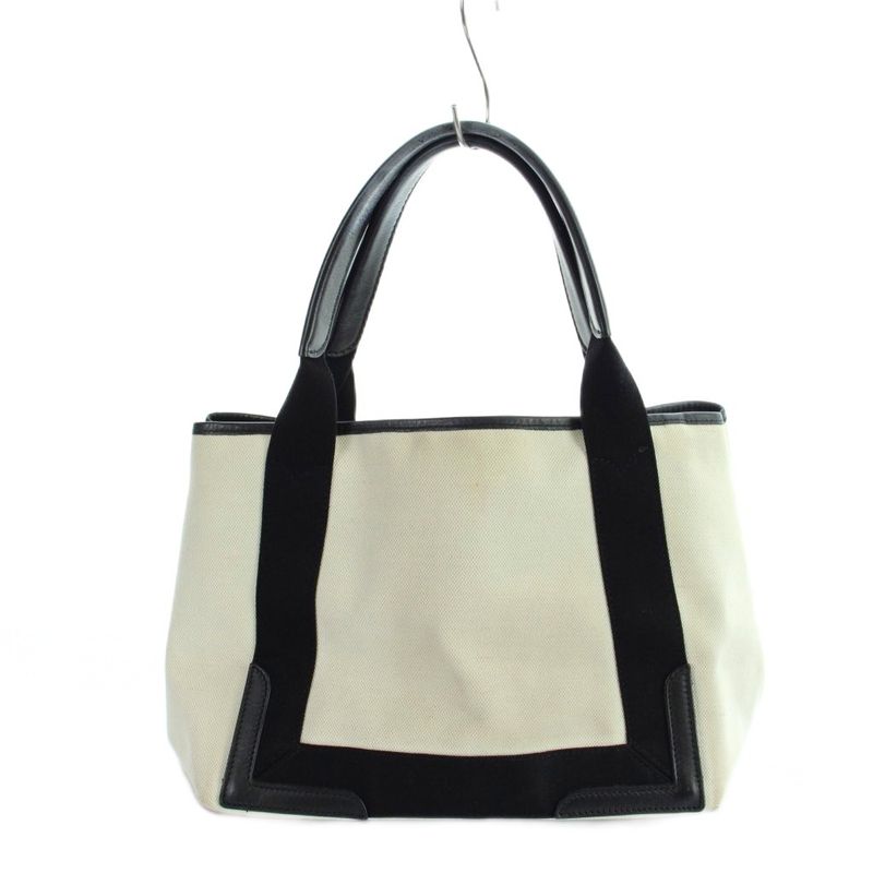 Balenciaga Navy Cabas Handbag Tote Canvas Leather Logo Beige Black