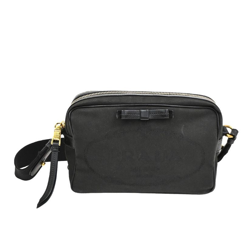 Prada Logo Jacquard Ribbon Shoulder Bag Black Leather