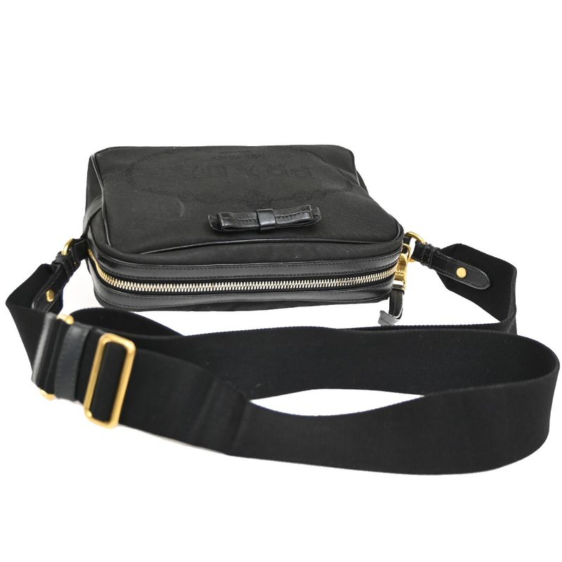 Prada Logo Jacquard Ribbon Shoulder Bag Black Leather