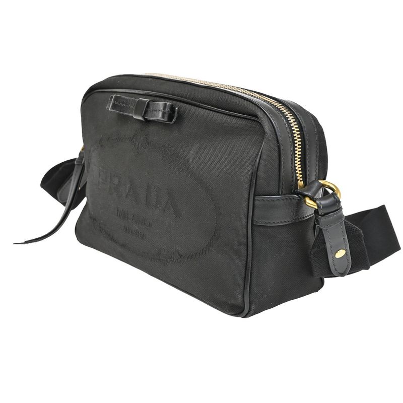 Prada Logo Jacquard Ribbon Shoulder Bag Black Leather
