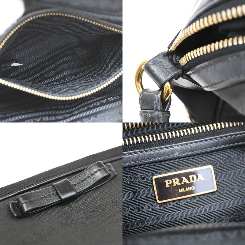 Prada Logo Jacquard Ribbon Shoulder Bag Black Leather