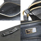 Prada Logo Jacquard Ribbon Shoulder Bag Black Leather