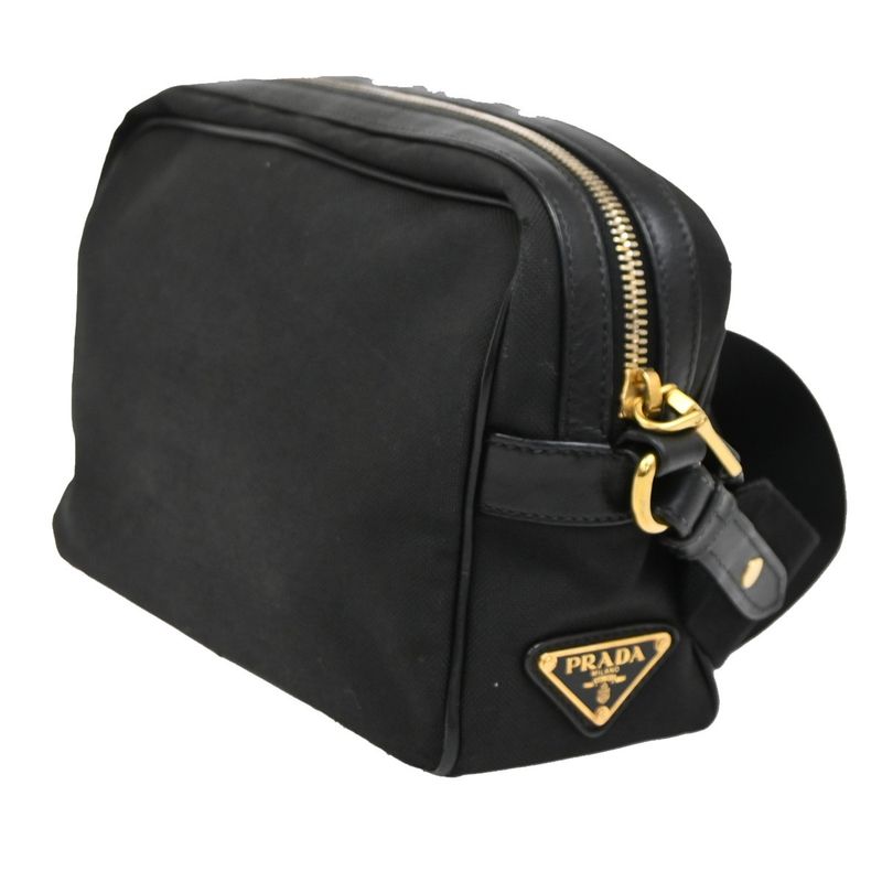 Prada Logo Jacquard Ribbon Shoulder Bag Black Leather