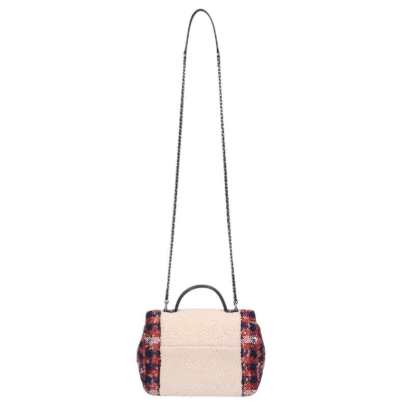 Chanel Top Handle Tweed Single Flap Shoulder Bag Red Tone X White