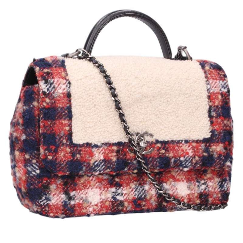 Chanel Top Handle Tweed Single Flap Shoulder Bag Red Tone X White