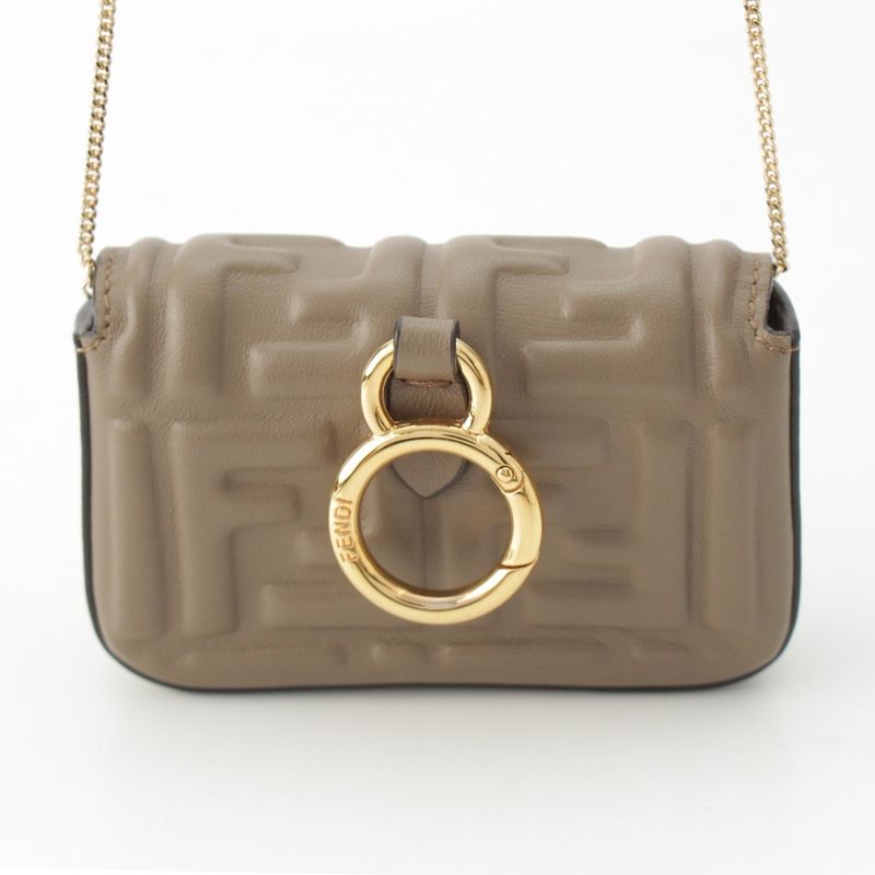 Fendi FF Zucca Mamma Bucket Leather Gold Chain Shoulder Bag Pouch Beige