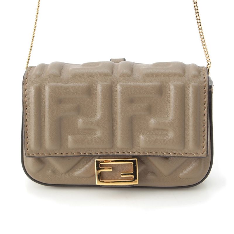 Fendi FF Zucca Mamma Bucket Leather Gold Chain Shoulder Bag Pouch Beige