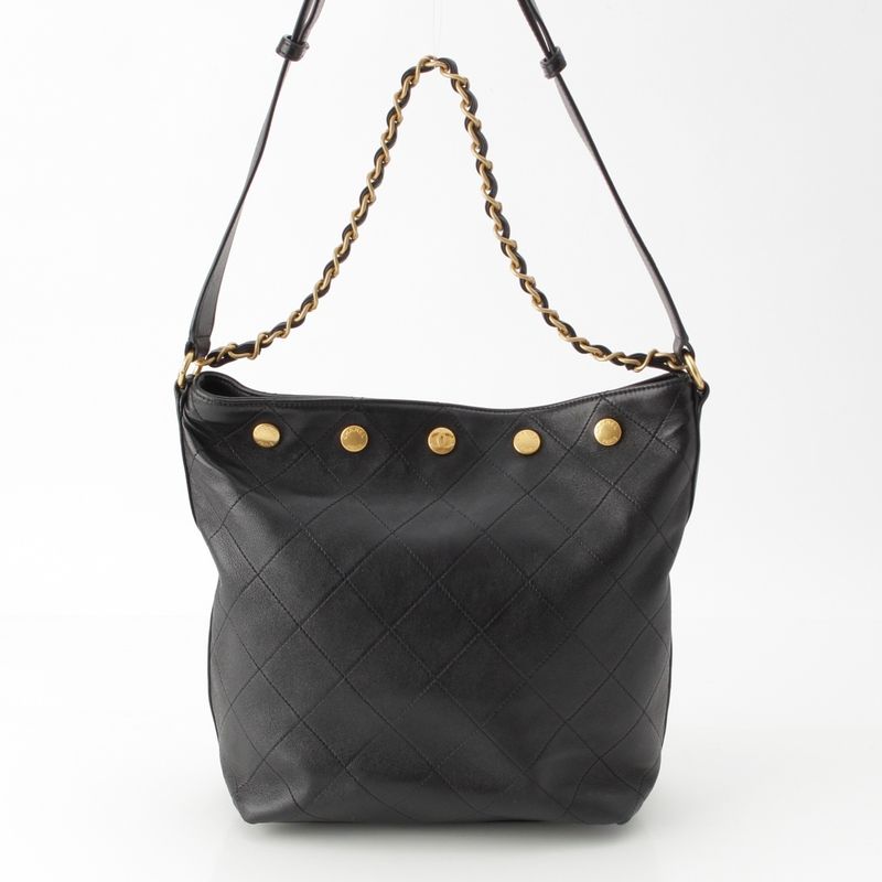 Chanel Shiny Lambskin Large Bucket Shoulder Bag Black