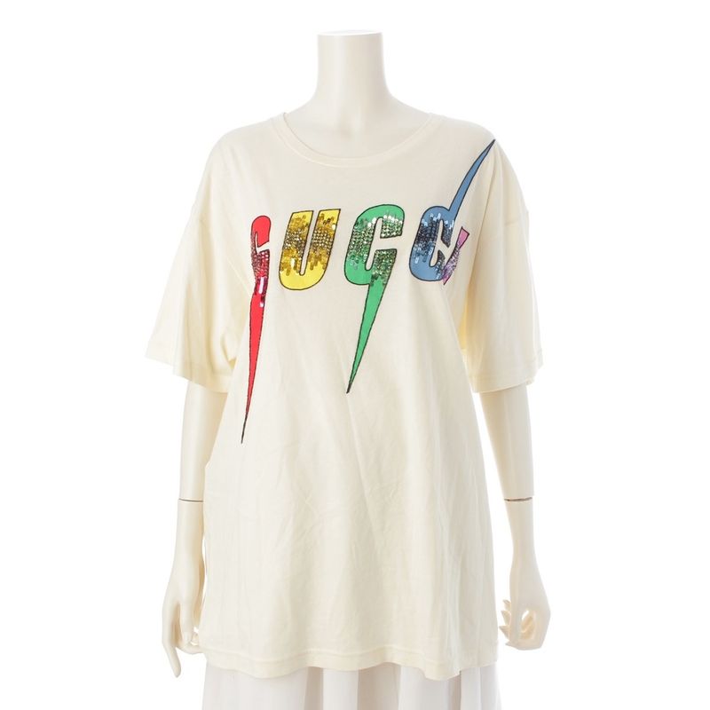 Gucci Blade Print Sequin Logo Short Sleeve T-Shirt Ivory