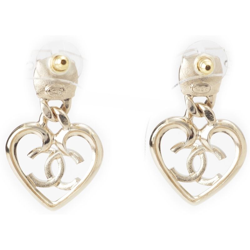 Chanel CC Logo Heart Rhinestone Earrings Silver