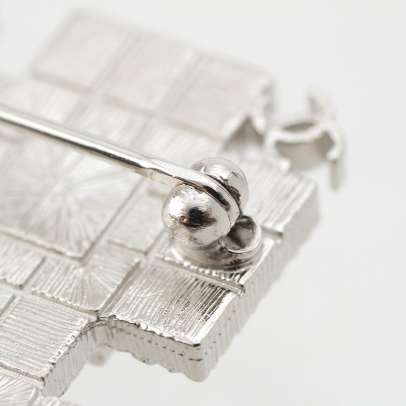 Chanel CC Logo Rhinestone Brooch Silver