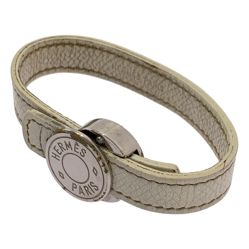 Hermes Looping Leather Bracelet White Silver