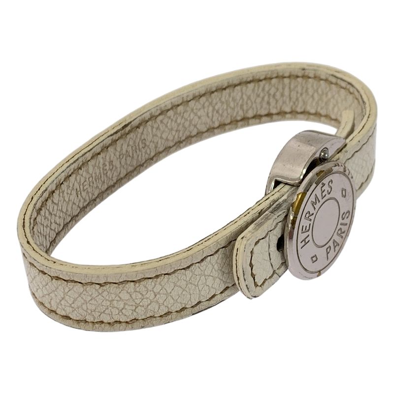 Hermes Looping Leather Bracelet White Silver