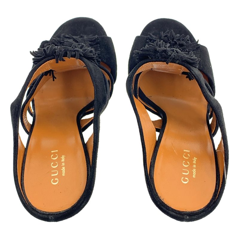 Gucci Suede Leather Fringe Heel Sandals 34 Black