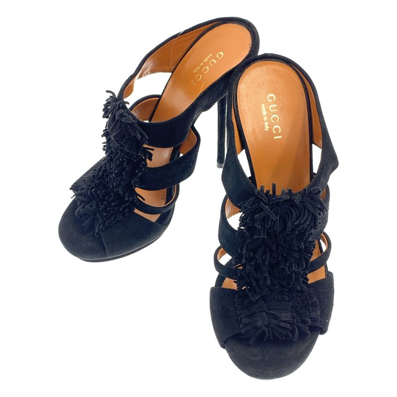 Gucci Suede Leather Fringe Heel Sandals 34 Black