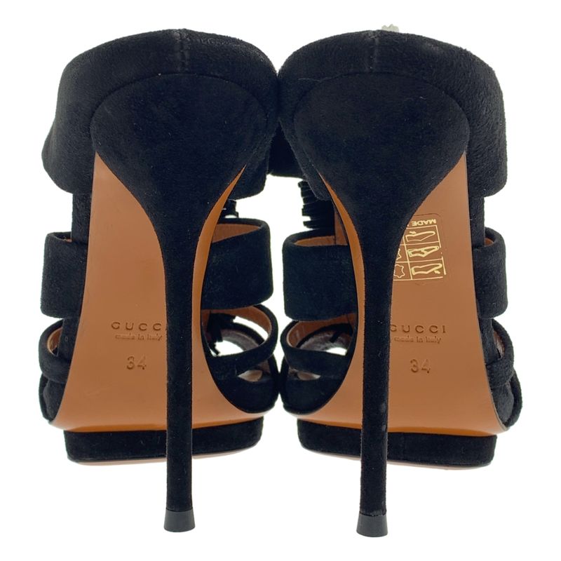 Gucci Suede Leather Fringe Heel Sandals 34 Black