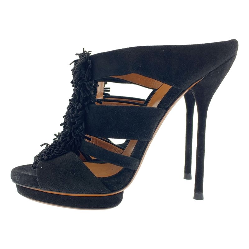 Gucci Suede Leather Fringe Heel Sandals 34 Black