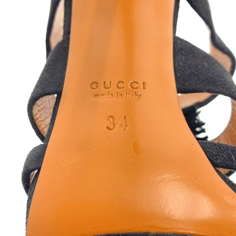 Gucci Suede Leather Fringe Heel Sandals 34 Black