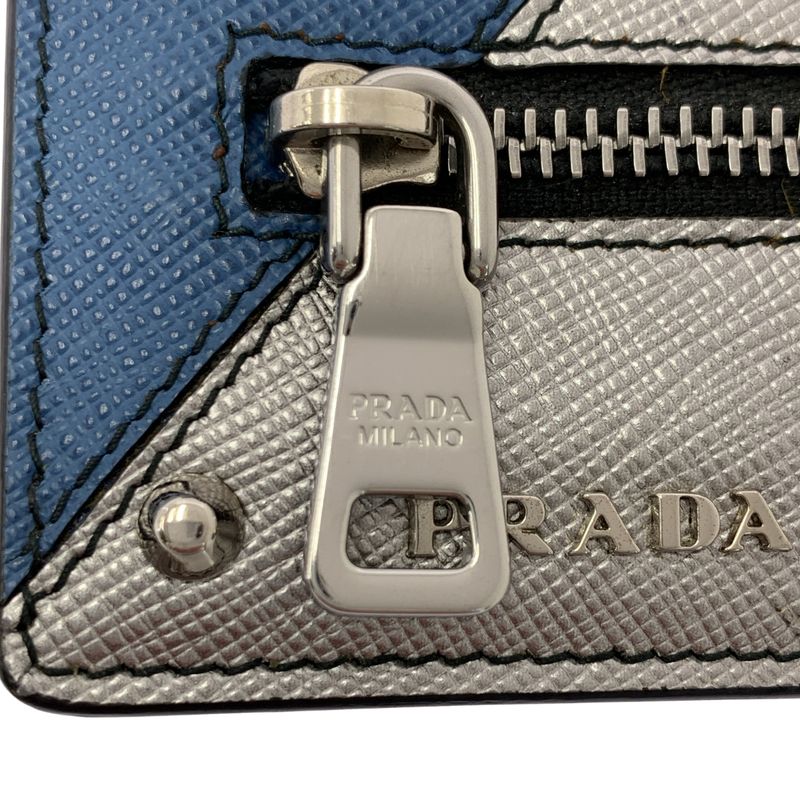 Prada Saffiano Leather Studded Logo Card Pass Case Shoulder Bag Blue-silver