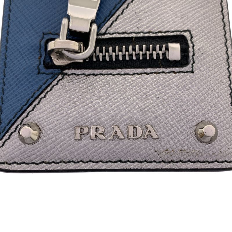 Prada Saffiano Leather Studded Logo Card Pass Case Shoulder Bag Blue-silver