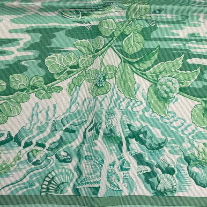 Hermes Scarf Silk Carre 90 Au Bord de L'eau by the River Jade Bird Green