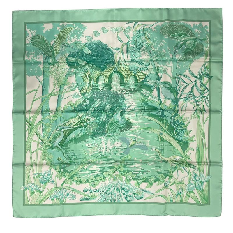 Hermes Scarf Silk Carre 90 Au Bord de L'eau by the River Jade Bird Green