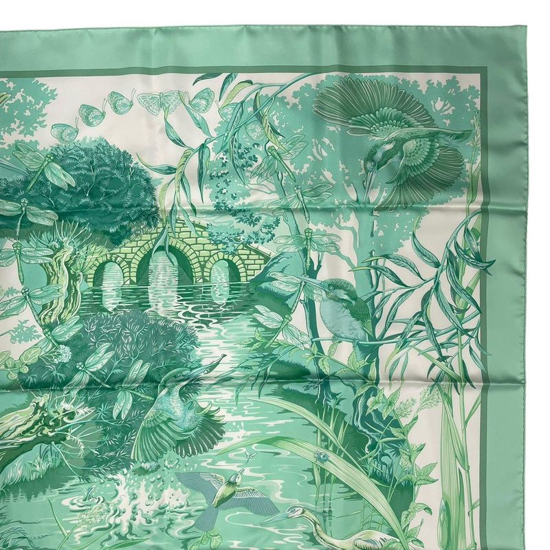 Hermes Scarf Silk Carre 90 Au Bord de L'eau by the River Jade Bird Green