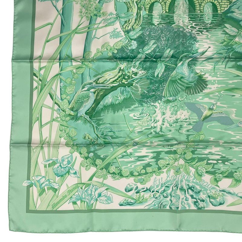 Hermes Scarf Silk Carre 90 Au Bord de L'eau by the River Jade Bird Green