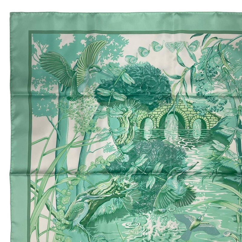 Hermes Scarf Silk Carre 90 Au Bord de L'eau by the River Jade Bird Green