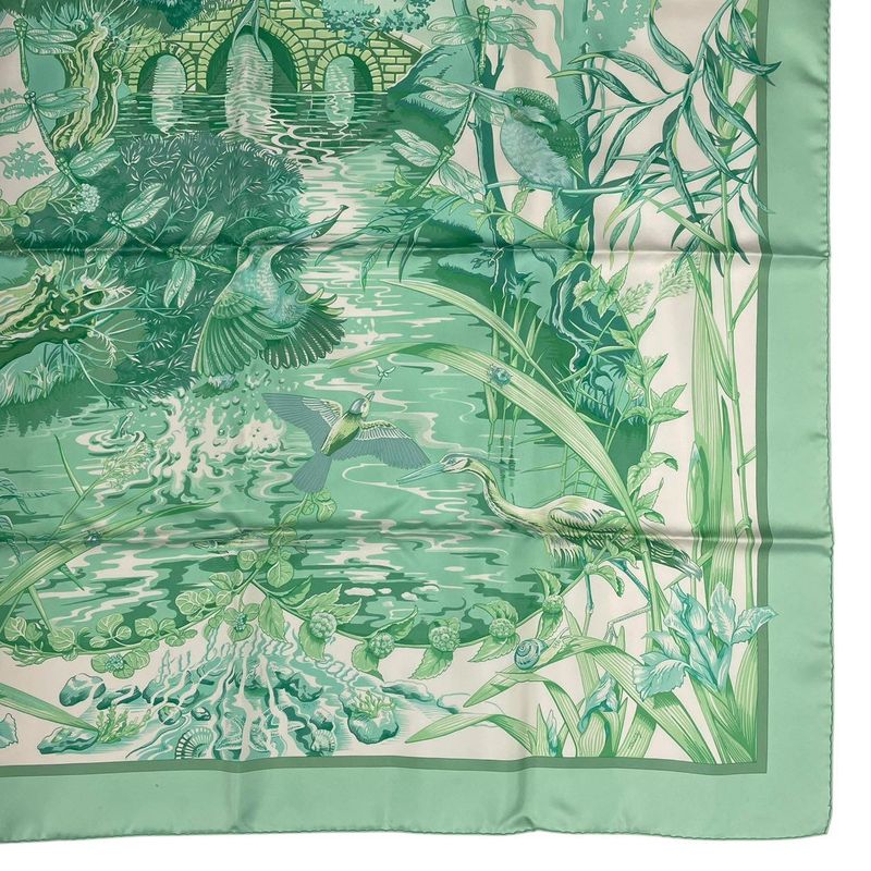 Hermes Scarf Silk Carre 90 Au Bord de L'eau by the River Jade Bird Green