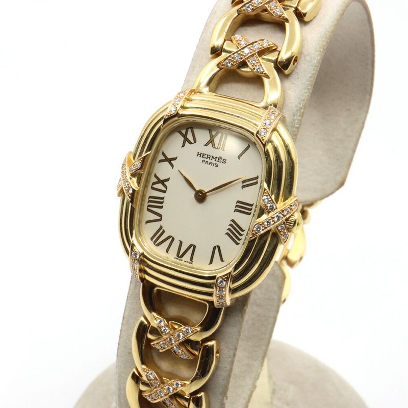 Hermes Faubourg White Watch Diamond Yellow Gold Quartz 18K
