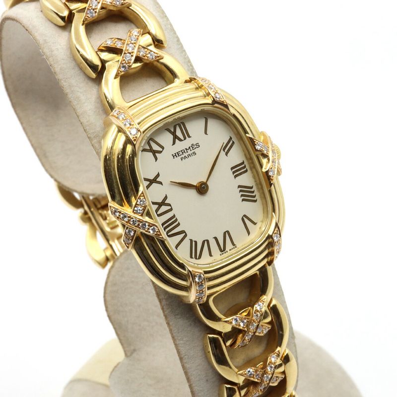 Hermes Faubourg White Watch Diamond Yellow Gold Quartz 18K