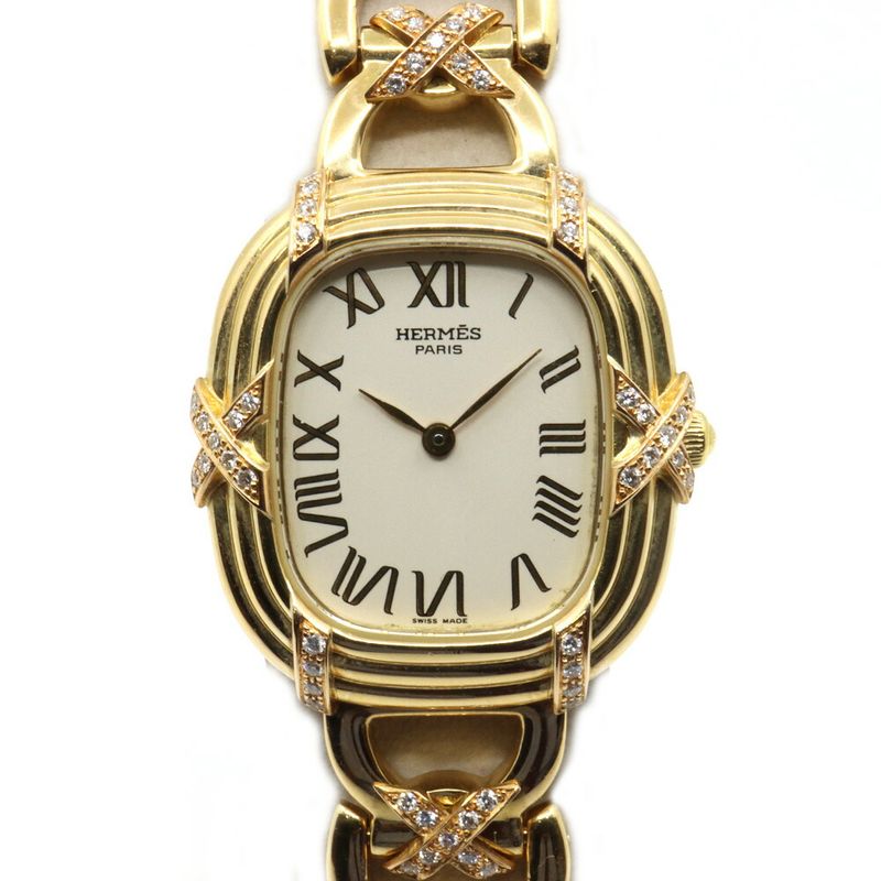 Hermes Faubourg White Watch Diamond Yellow Gold Quartz 18K