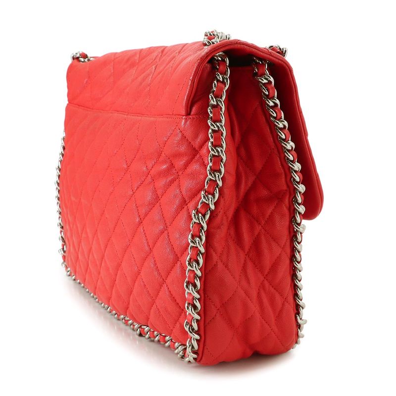 Chanel Quilted Chain Around Shoulder Bag Lambskin Red Silver