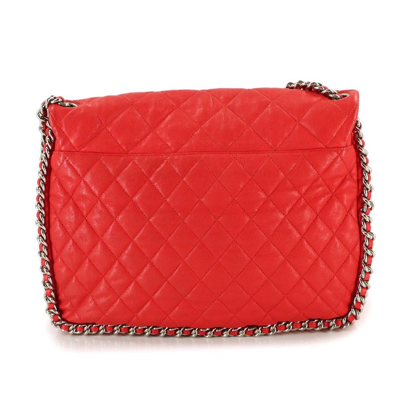Chanel Quilted Chain Around Shoulder Bag Lambskin Red Silver