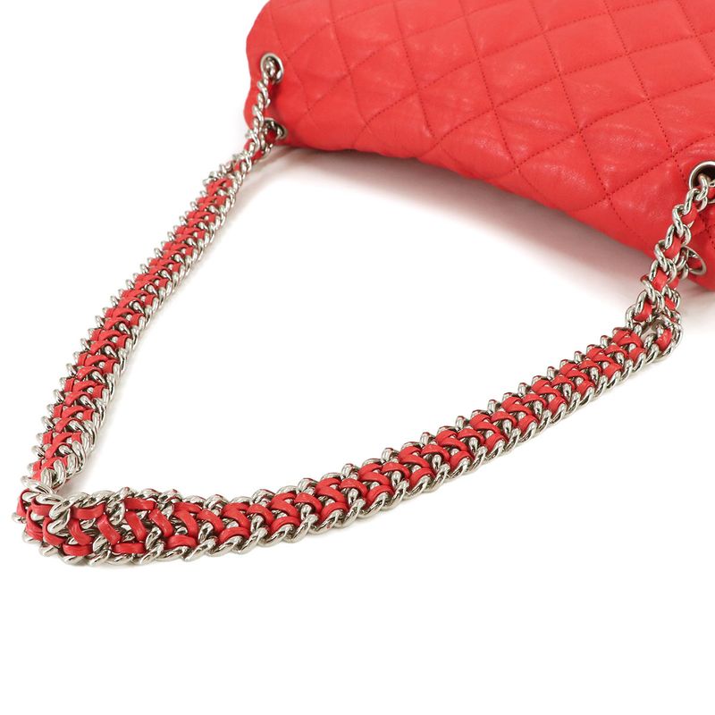 Chanel Quilted Chain Around Shoulder Bag Lambskin Red Silver
