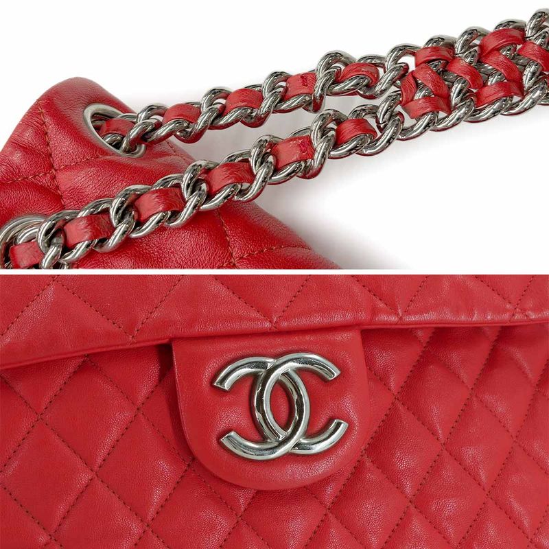 Chanel Quilted Chain Around Shoulder Bag Lambskin Red Silver