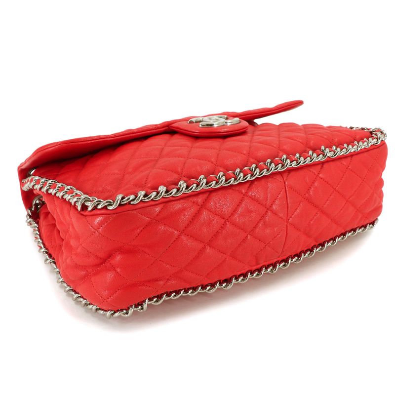 Chanel Quilted Chain Around Shoulder Bag Lambskin Red Silver