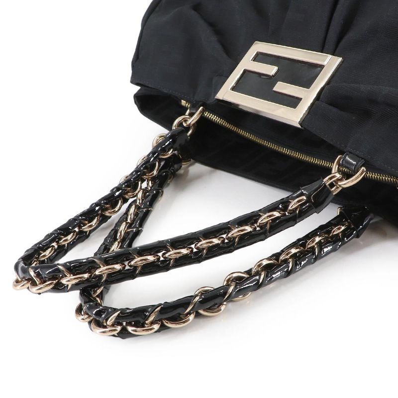 Fendi Zucca Chain Tote Canvas Enamel Black Gold