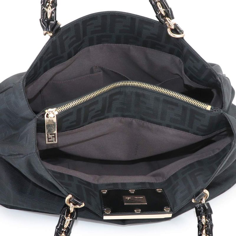Fendi Zucca Chain Tote Canvas Enamel Black Gold