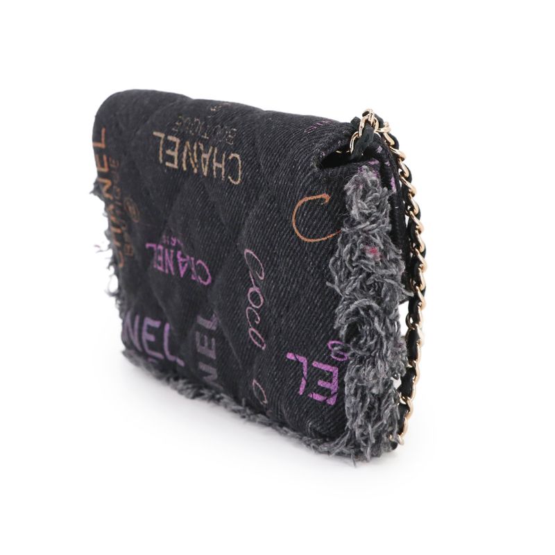Chanel Quilted Mini Chain Shoulder Bag Denim Black Gold