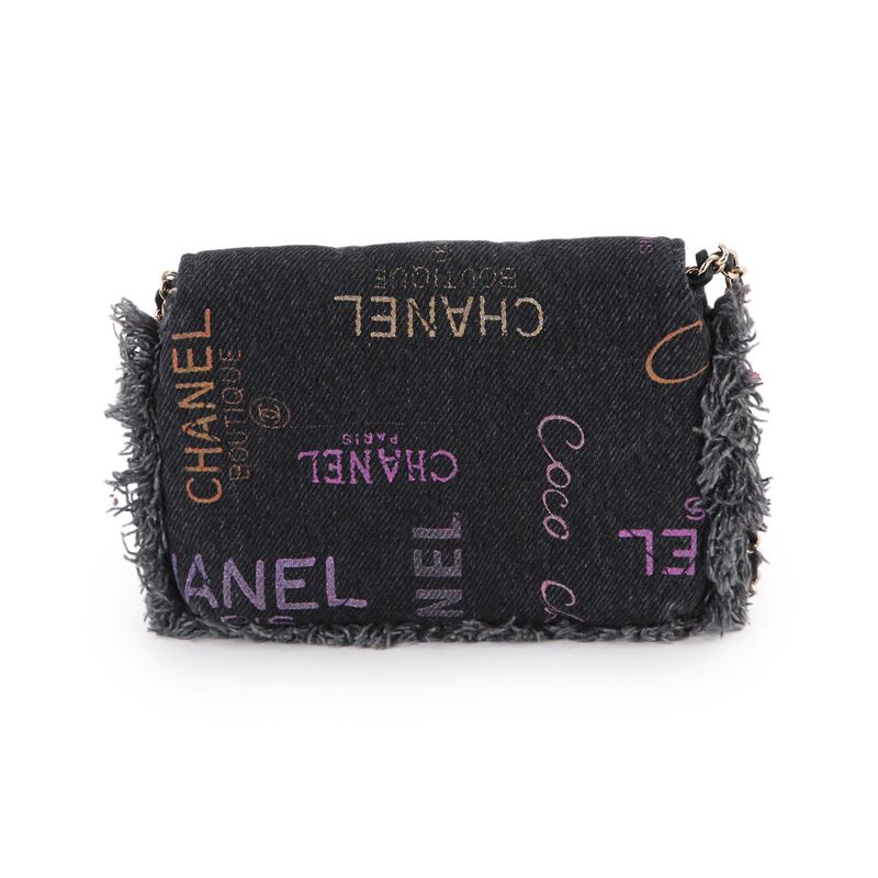 Chanel Quilted Mini Chain Shoulder Bag Denim Black Gold