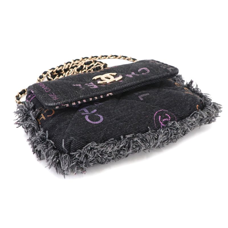 Chanel Quilted Mini Chain Shoulder Bag Denim Black Gold